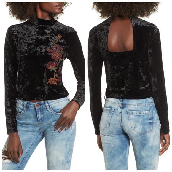 Black & Pink Crushed Velvet Blouse NWT Floral Beaded & Embroidered Gypsies - Picture 1 of 7